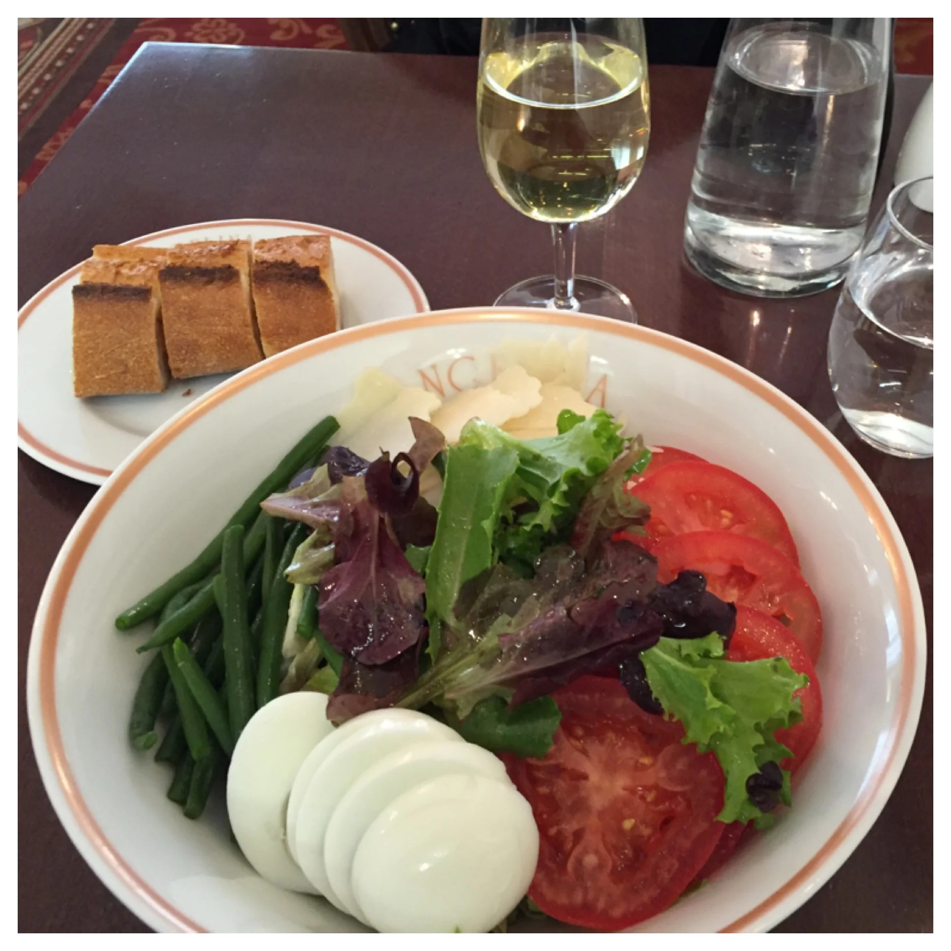 A wonderful salad with fresh green beans and a light vinaigrette dressing. And always excellent bread!