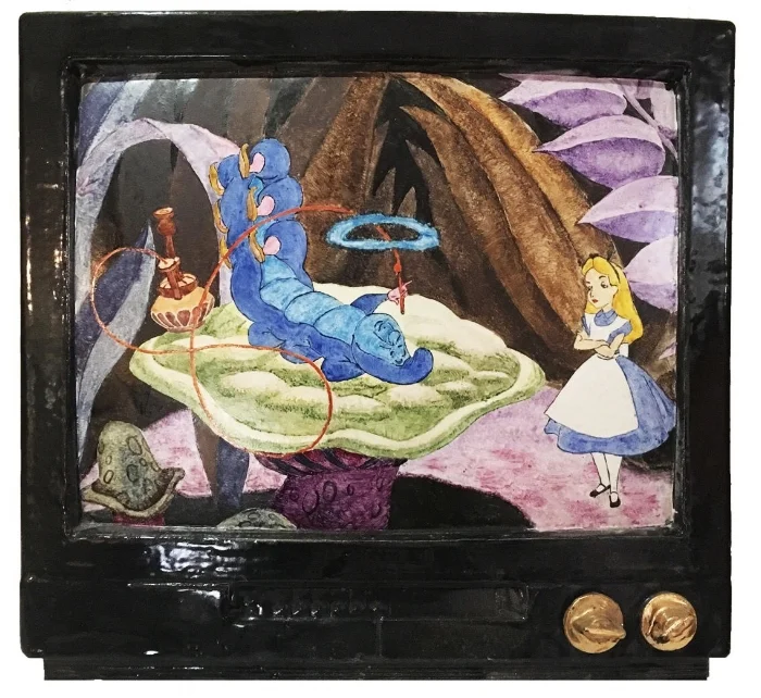 JESSE EDWARDS SEE THE WORDS I CAN'T SAY SEPT. 8TH - SEPT. 30TH, 2017 OPENING RECEPTION: SEPTEMBER 8TH, 6-9 PM - WE’LL TELL YOU THAT, UH, KOJAK ALWAYS GETS THE KILLER, OR THAT NOBODY EVER GETS CANCER AT ARCHIE BUNKER’S HOUSE, AND NO MATTER HOW MUCH TROUBLE THE HERO IS IN, DON’T WORRY, JUST LOOK AT YOUR WATCH; AT THE END OF THE HOUR HE’S GOING TO WIN. WE’LL TELL YOU ANY SHIT YOU WANT TO HEAR. WE DEAL IN ILLUSIONS, MAN! -PADDY CHAYEFSKY LIFE SIZE CERAMIC TELEVISIONS RENDERED WITH GRACEFUL, AND MOSTLY FAMILIAR FIGURATION TAKE UP THE MAJORITY OF JESSE EDWARDS’ SEE THE WORDS I CAN'T SAY . THE PAINTINGS, TAKING PAUSE ON ICONIC ANIMATED FILMS LIKE ALICE IN WONDERLAND (1951) AND FANTASIA (1940), OFFER A RARE GLIMPSE INTO A PERFECTED SCREEN GRAB RATHER THAN AN AMBIGUOUS SPLIT SECOND SLIDE IN A CONTINUOUS WHOLE. DETAILS THAT EDWARDS CHOOSES TO INCLUDE SUCH AS A SMOKE RING OR A SLOSH OF WATER FROM A PAIL ARE REINVENTED BACK INTO THE STILL RATHER THAN THE MOVING PICTURE. THE VIEWER IS ABLE TO CAPITALIZE ON TIME WITH THE FROZEN SCREEN, MUCH LIKE FOLLOWING ONE OF BRUEGHEL’S CLASSIC SCENES, ANTICIPATING AND RECREATING A NEXT MOMENT THAT WON’T EVER ARRIVE. New Release 60 Mulberry Street, New York, NY 10013 For more information, please contact erin@newreleasegallery.com. www.newreleasegallery.com