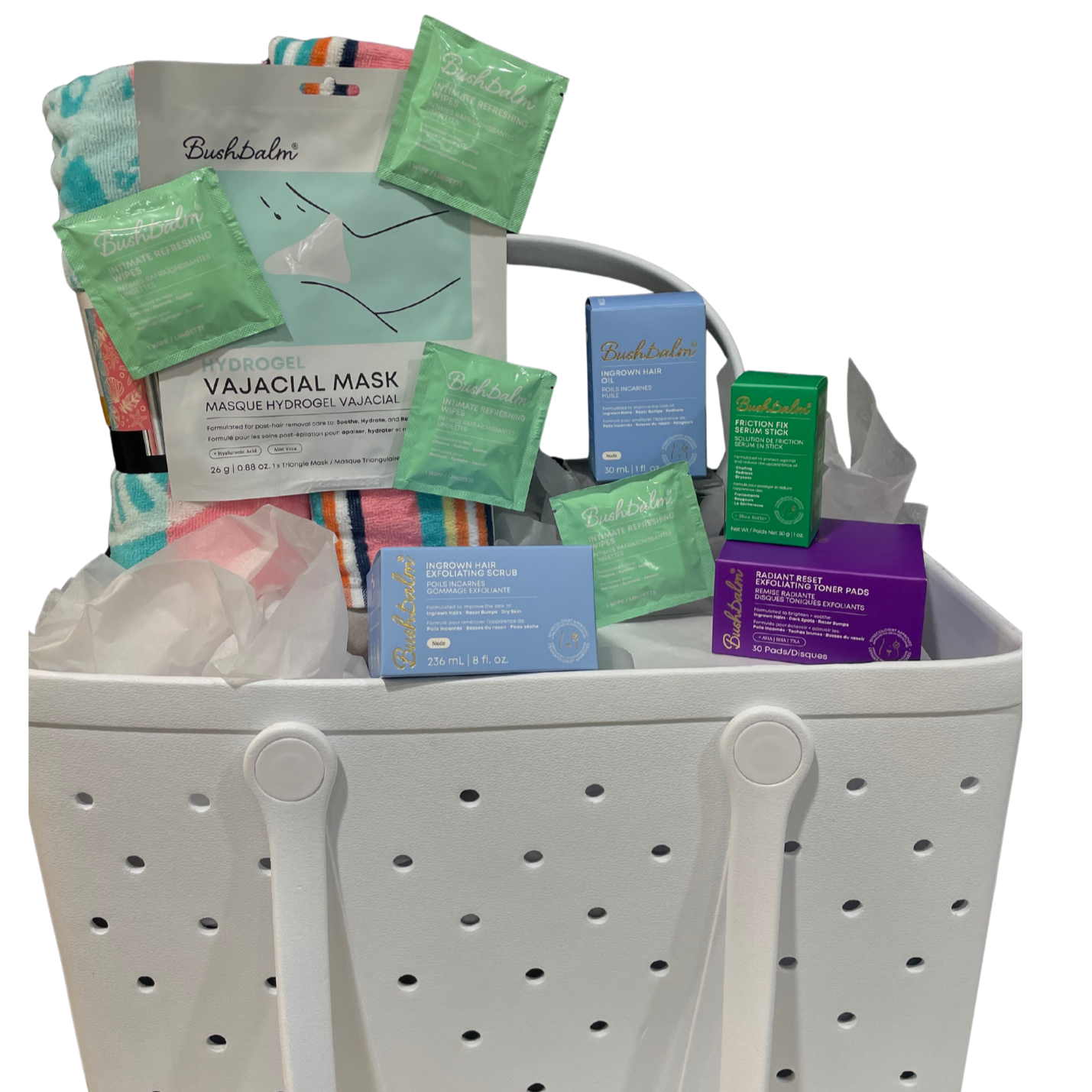 Bushbalm Ingrown Hair Exfoliating Scrub, Bushbalm Ingrown Hair Oil, Bushbalm Exfoliating Toner Pads, Bushbalm Friction Fix Serum Stick, Bushbalm Refreshing Wipes, Bushbalm Vajacial Mask, 2 Beach Towels, White Tote Bag