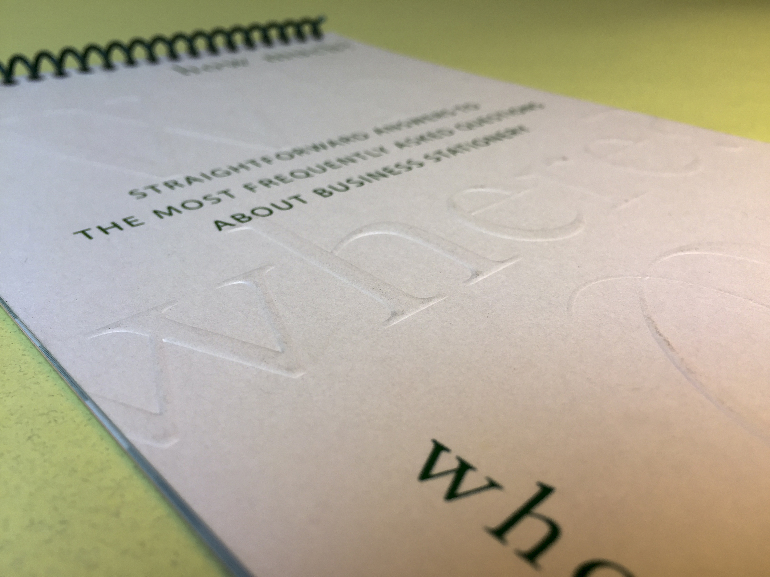 Saint Claire's Stationers: Printing brochure emboss, green foil detail