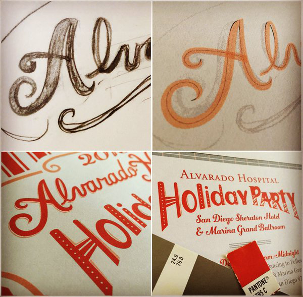 Sketch to template and finished lettering for a candy cane themed Holiday Party