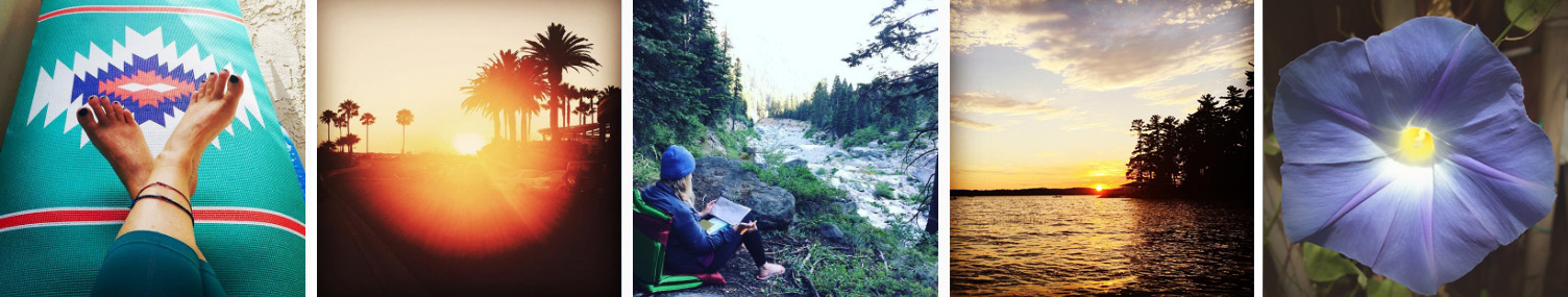 Left to right: Yoga + meditation; enjoying a Coronado, California sunset; drawing + writing in Sequoia National Forest; road trip to Lake Winnepesaukee, New Hampshire; morning glory in the garden.
