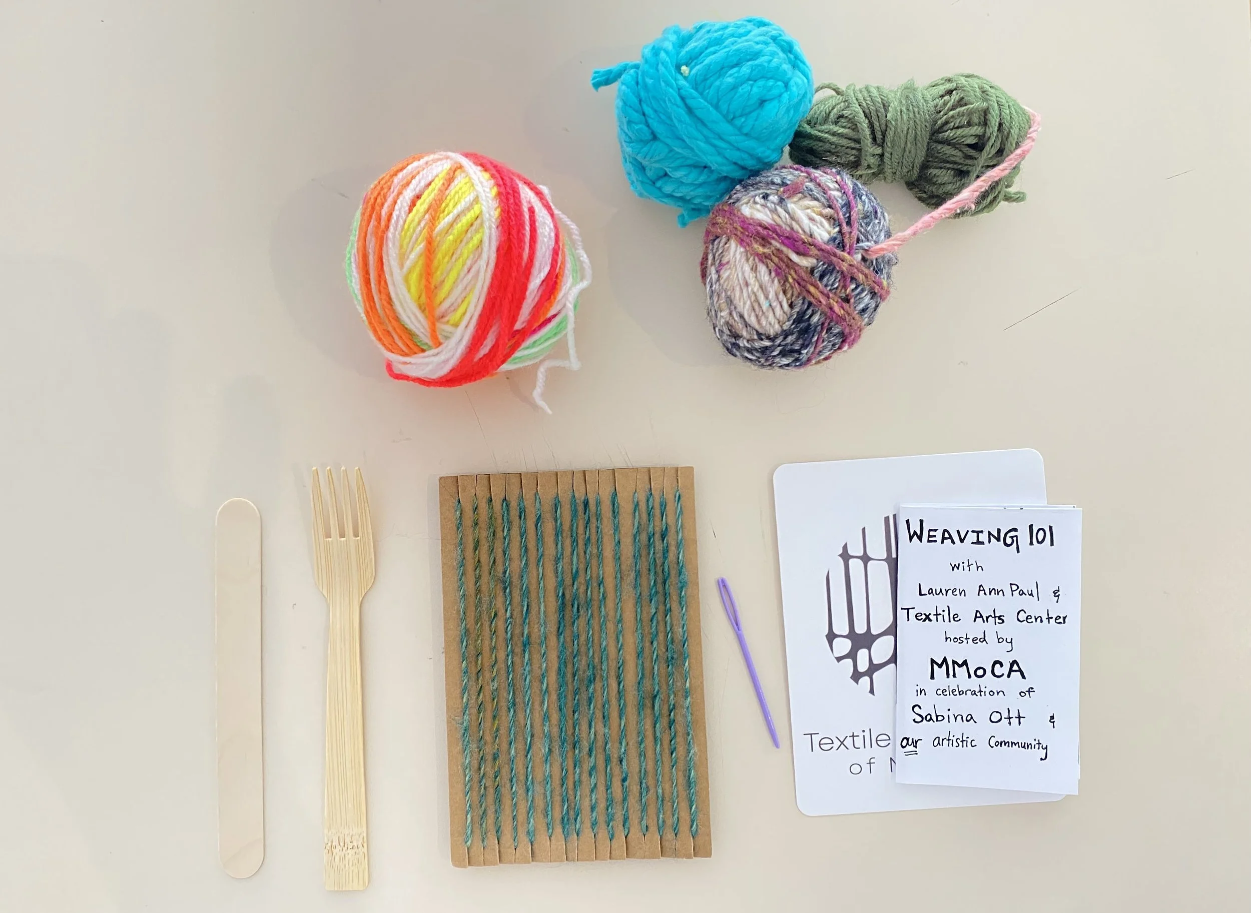 cardboard loom and weaving supplies for a tapestry weaving workshop