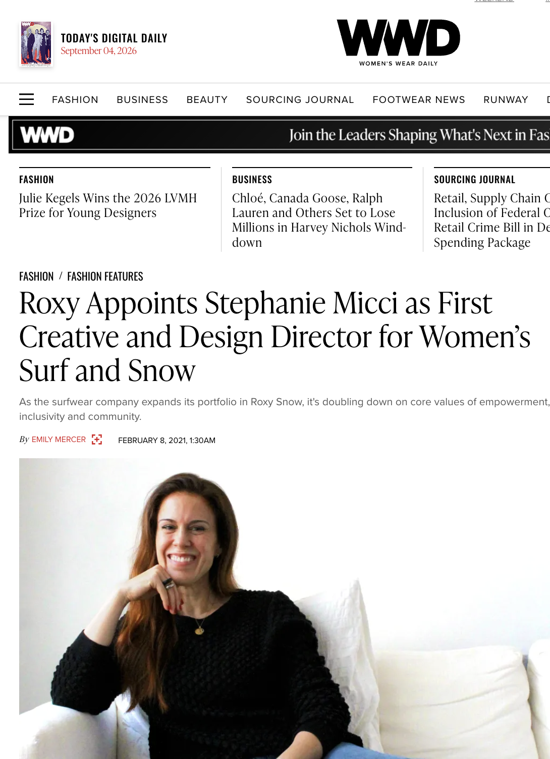 WWD : STEPHANIE MICCI JOINS ROXY