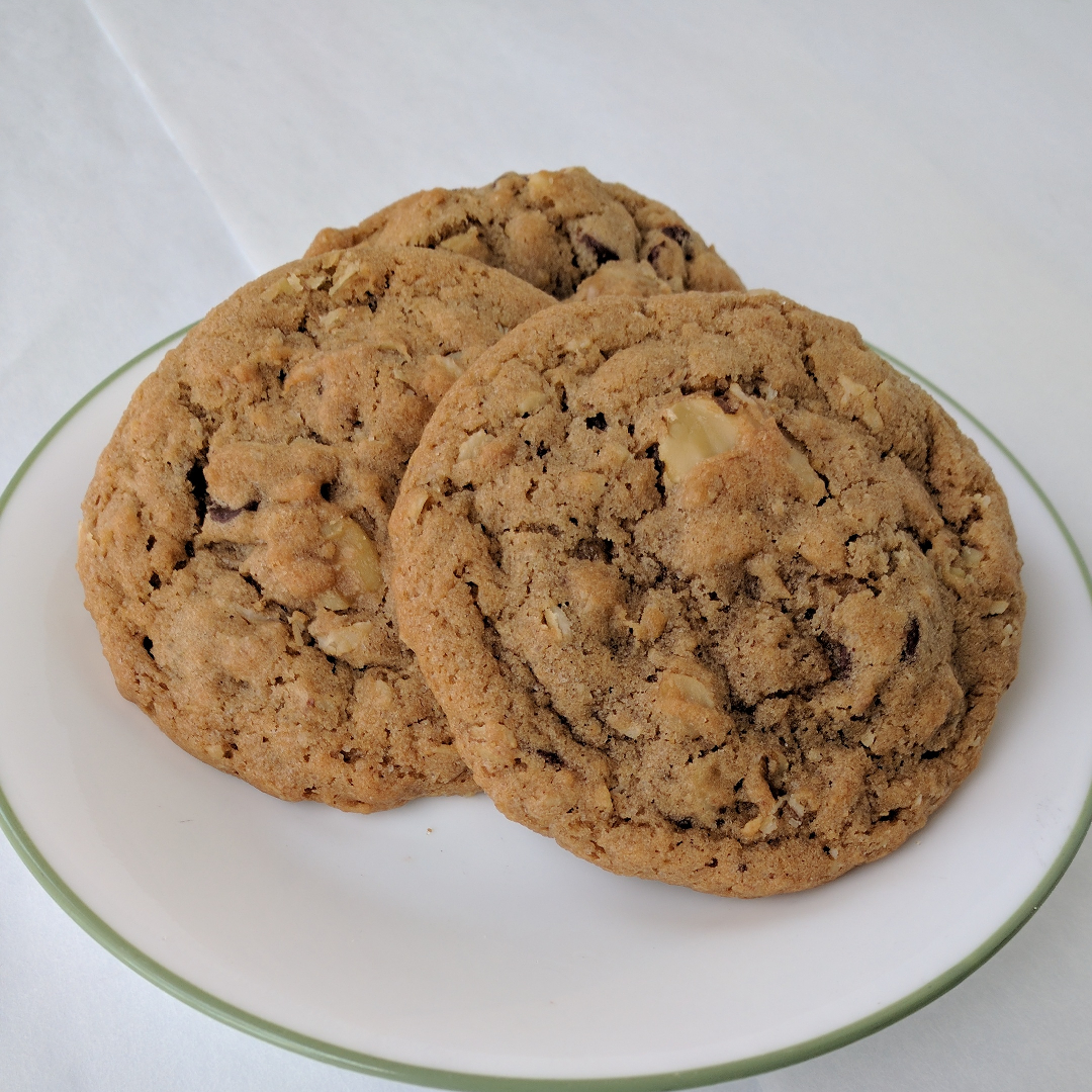 Oatmeal Walnut Chocolate Chip Can't decide between oatmeal cookies or chocolate chip? No problem! We even added in some walnuts for you. (This is a seasonal flavor. Contact for availability.)