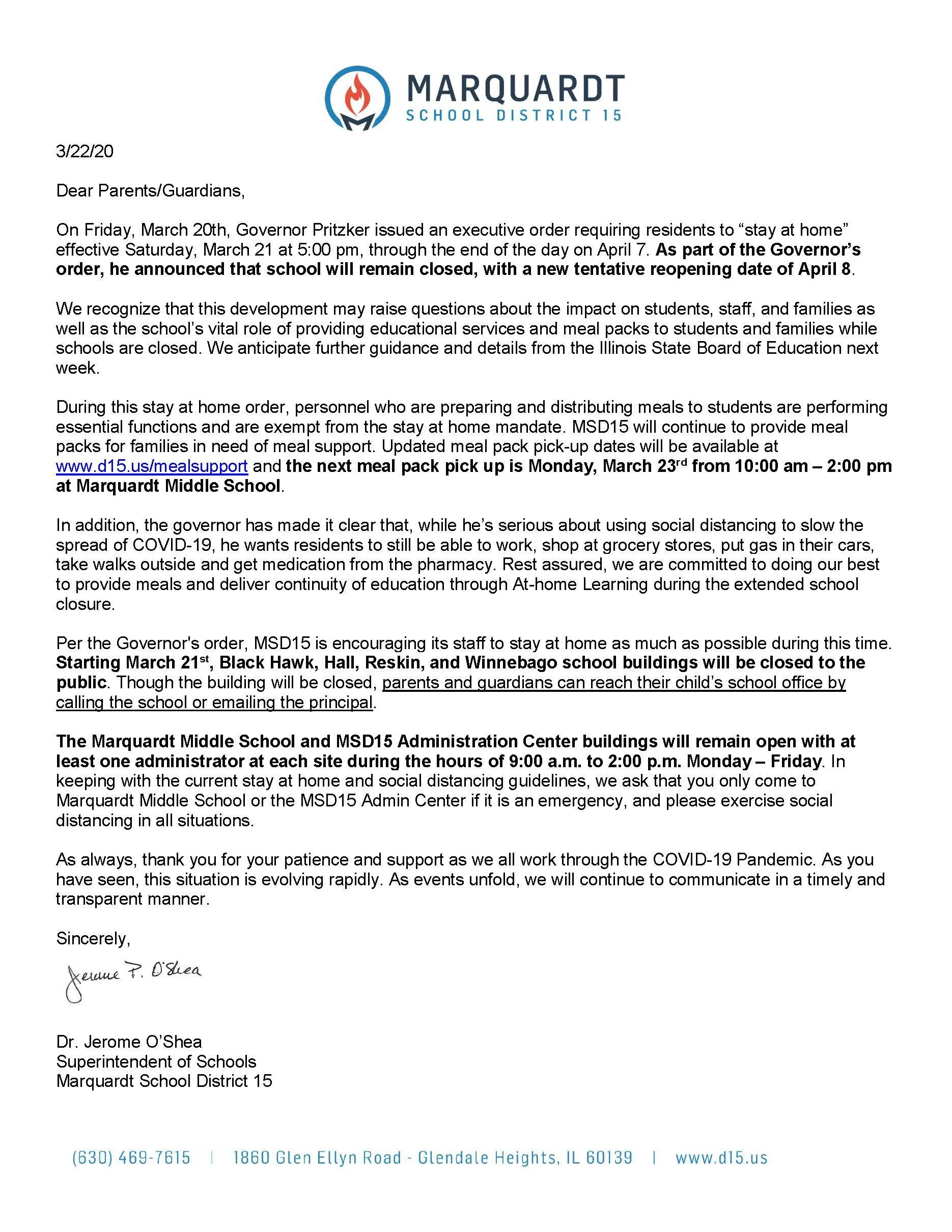 Update From The Superintendent Covid 19 Marquardt District 15