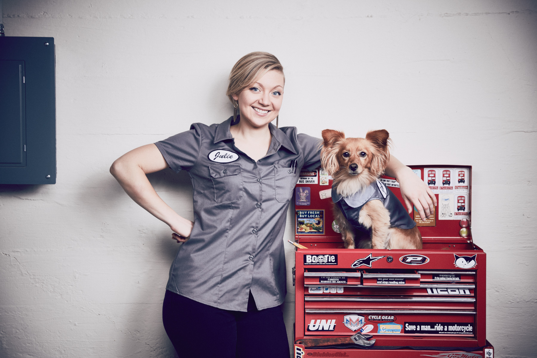 Julie Eickhof, Brand Mechanic, and Jake T. Pup, Director of People Operations, at Eickhof Creative Shop