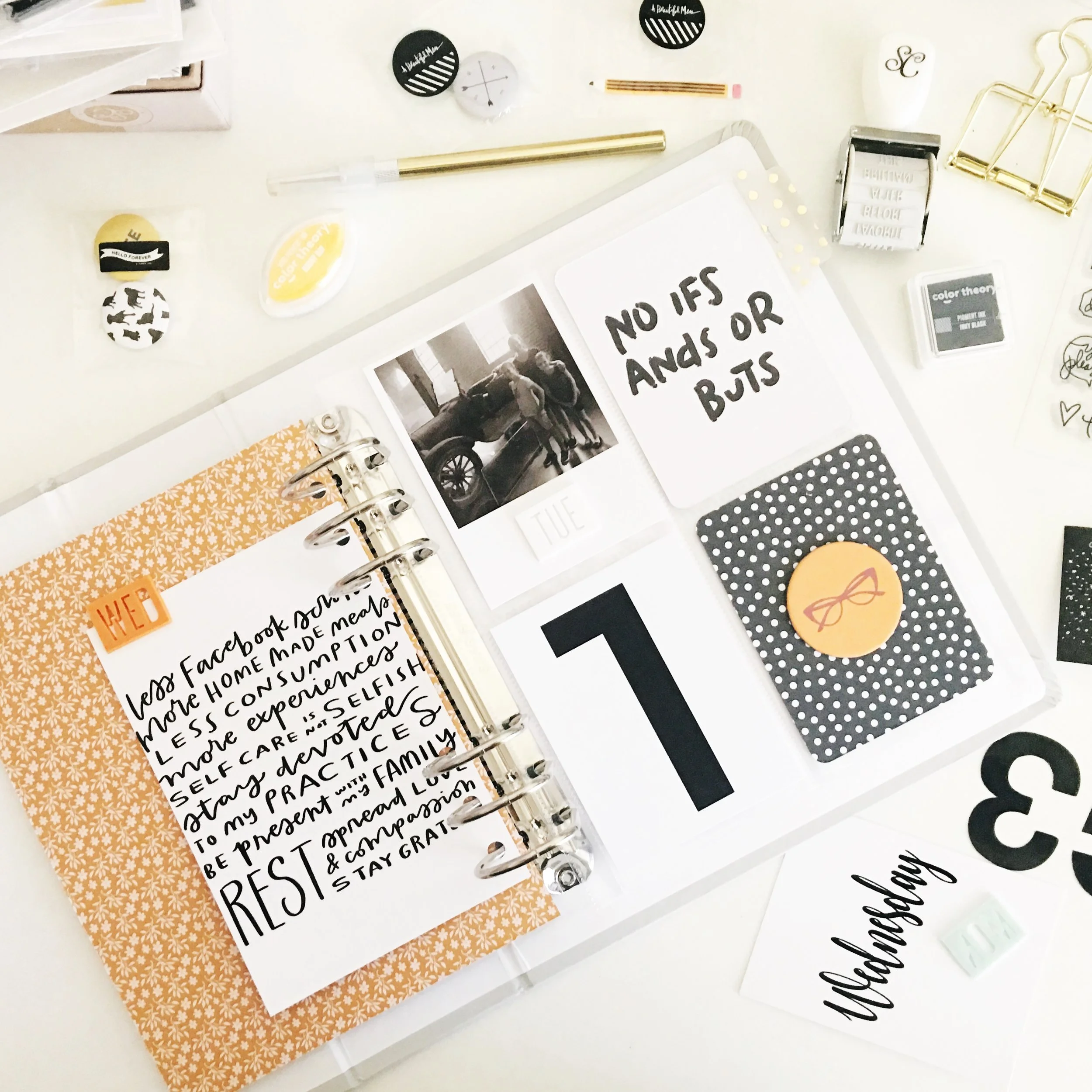 The brown/yellowish floral paper is from Studio Calico & it's not in a sleeve, the 'Less Facebook' quote is printed on matt paper, it also is not in a sleeve. 