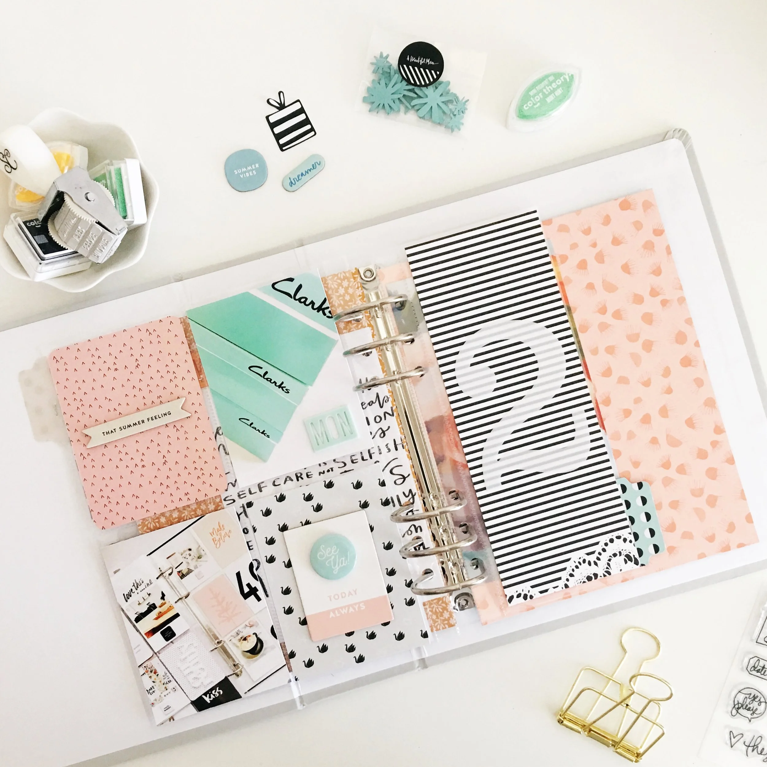 The striped paper is from a Studio Calico Scrapbooking Kit, in a 3x8 sleeve from Ali Edwards Store. I attached my own tab. 