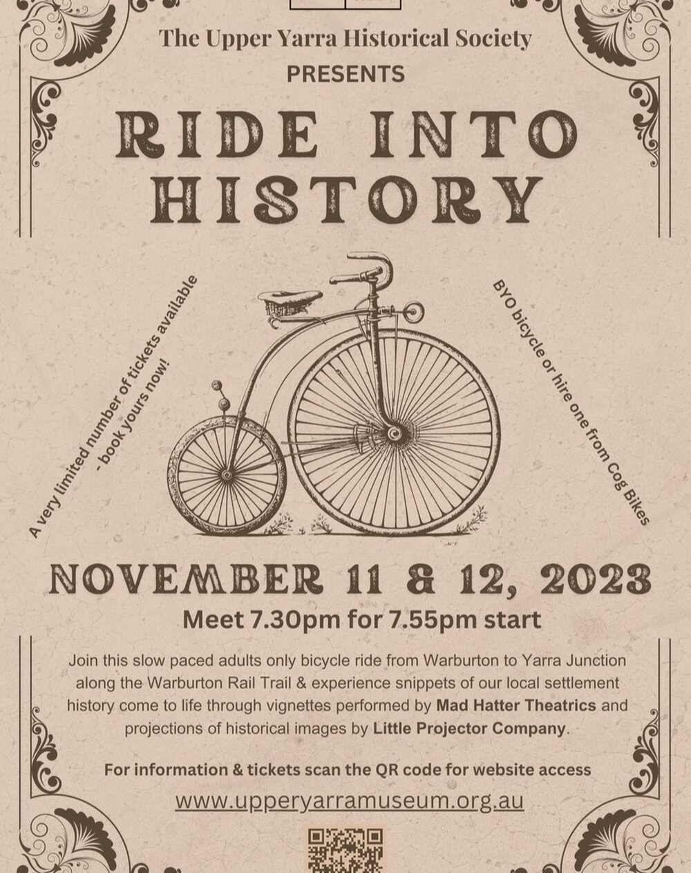 Join our slow paced bicycle ride from Warburton to Yarra Junction along the Warburton Rail Trail and experience snippets of our local settlement history come to life through vignettes performed by Mad Hatter Theatrics and projections of historical im