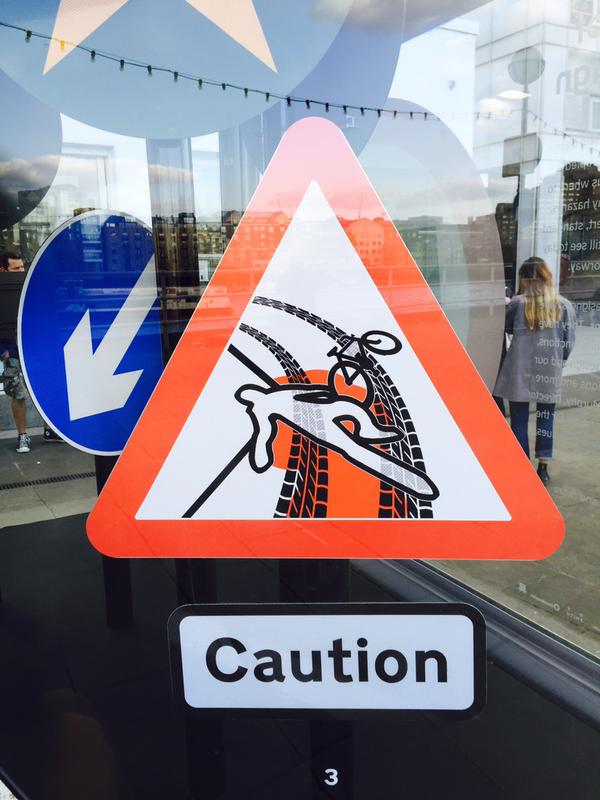 One of the re-imagined road signs also on display at the Design Museum currently