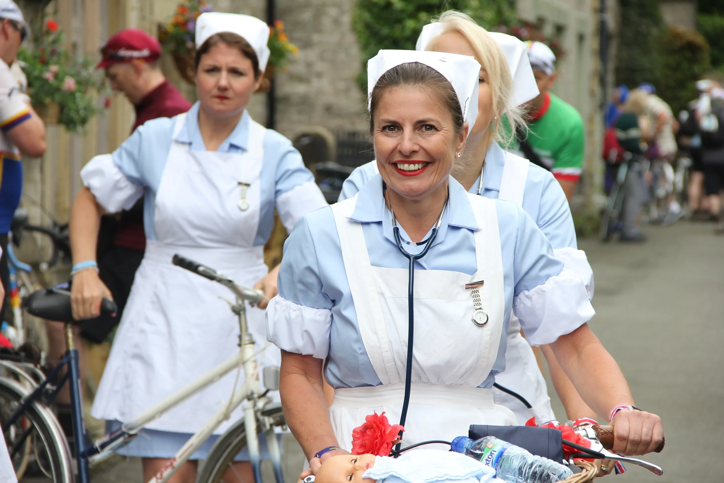 The lovely midwives delivered a plastic baby - to the delight of everyone queueing for cake at the first feed station