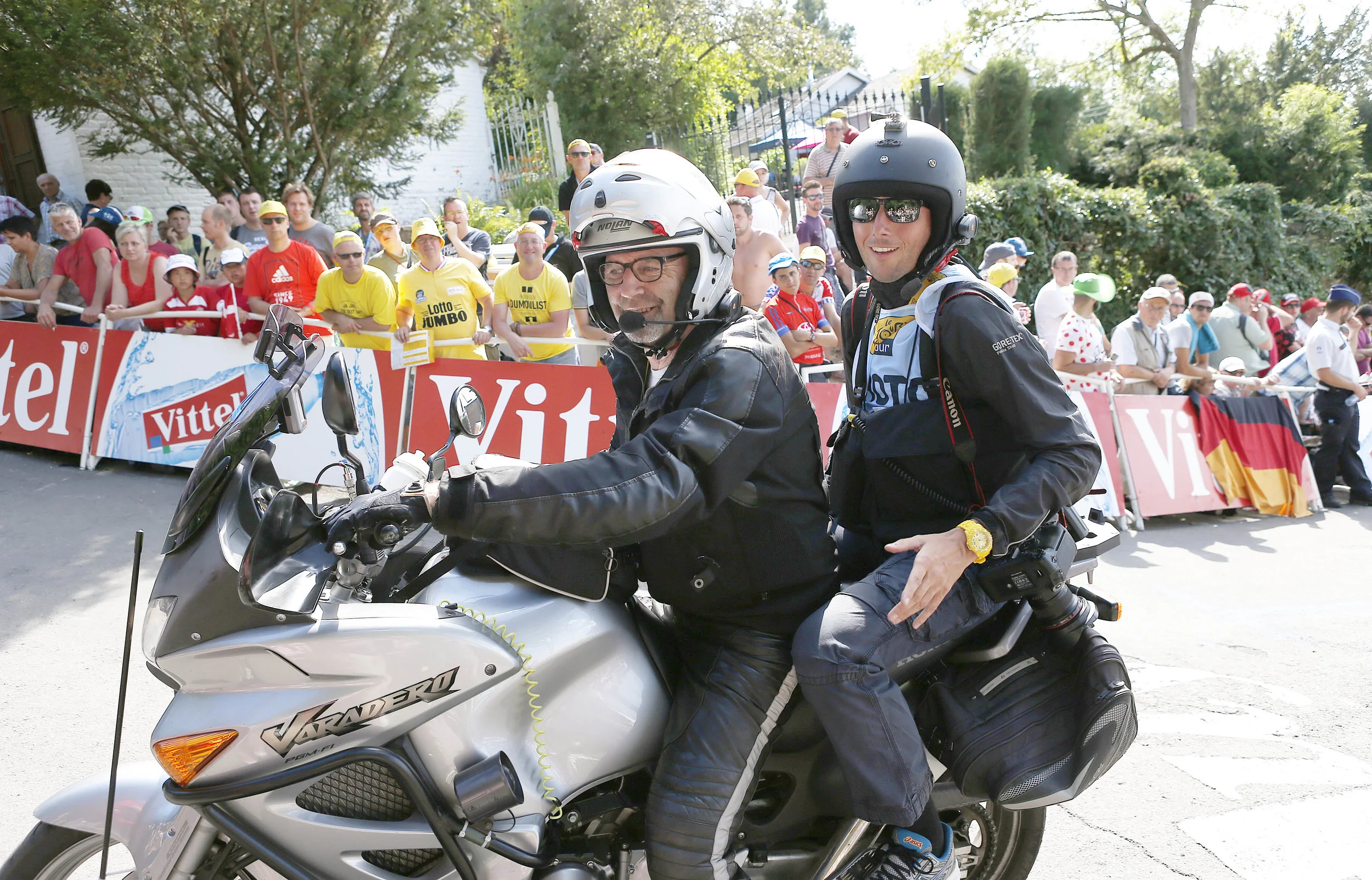 Riding with trusted motard , Paul Gulikers, during stage 3 of the 2015 Tour