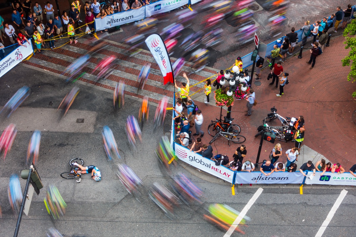 “Beauty & Danger of Racing – Unfortunate crash during the Women's 2015 Gastown Grandprix. Lindsay Bayer crashed on the hairpin corner but walked away from it and ended up finishing the race.” Stefan Feldmann