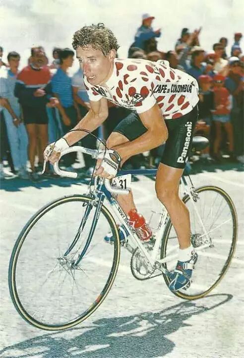 Robert Millar wears the Polka Dot jersey in the 1986 Tour