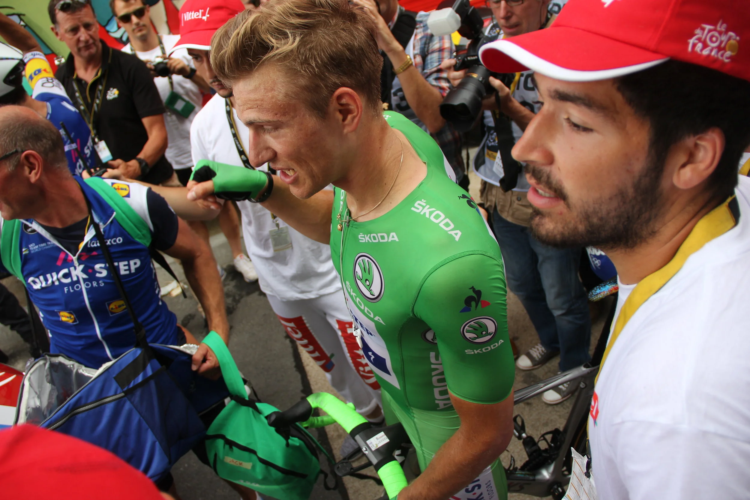 Somehow I snatch a shot of the Green Jersey through the scrum of photographers