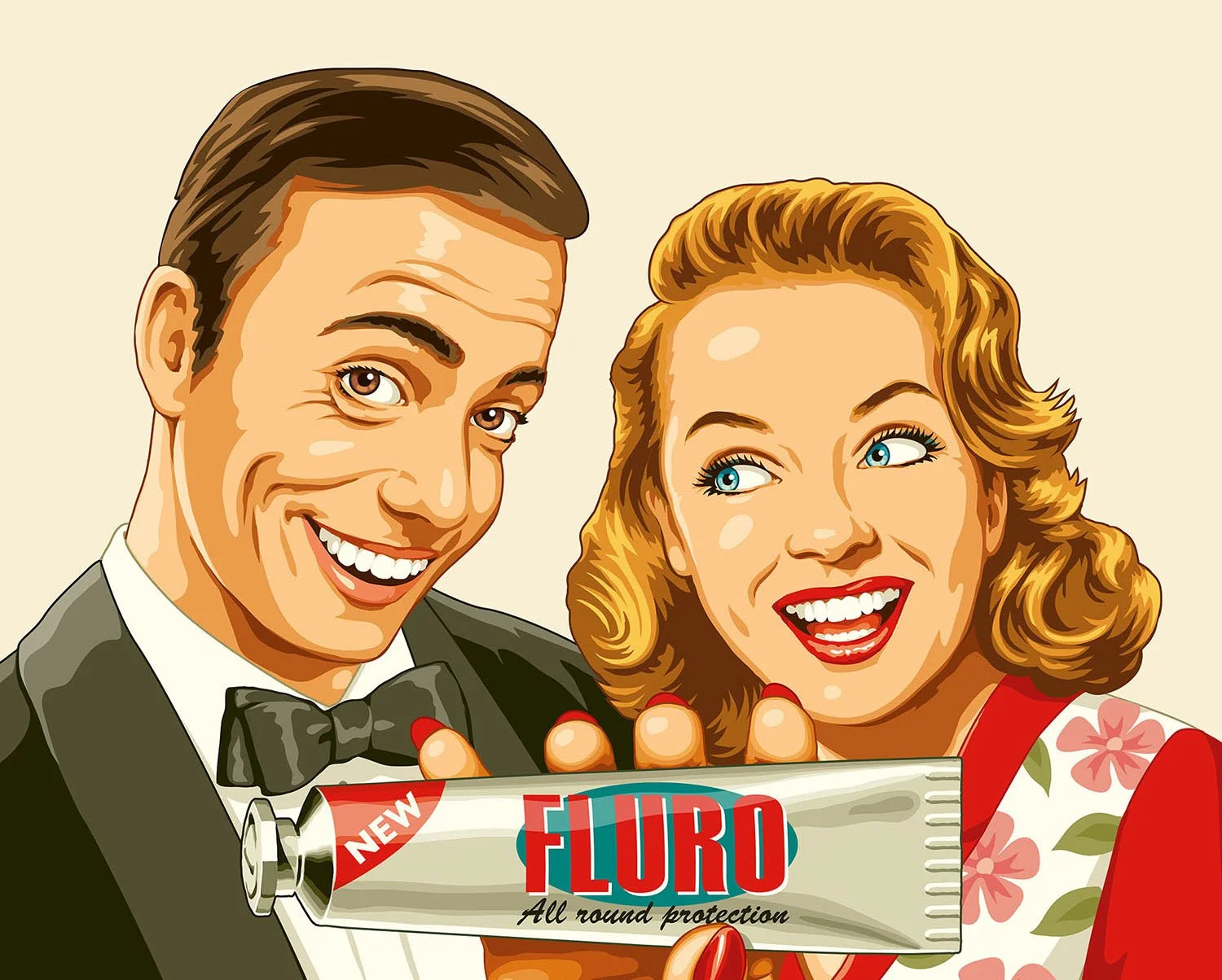 vintage-style illustration of a traditional looking smiling couple holding toothpaste