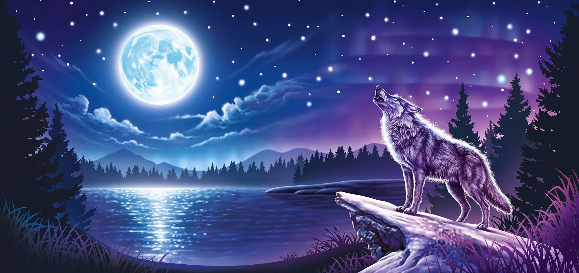 illustration of a nighttime scene with glowing moon and wolf howling