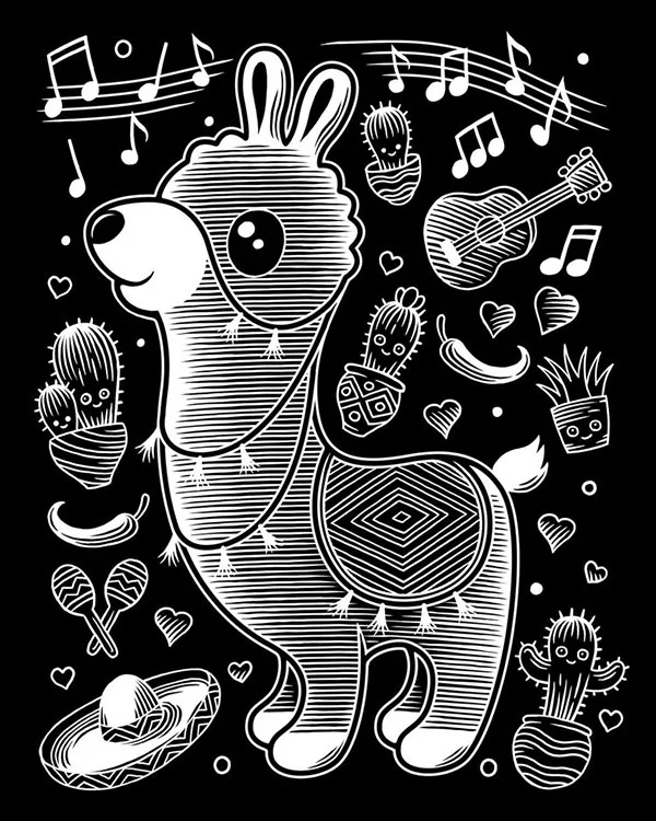 animal character scratchboard illustration