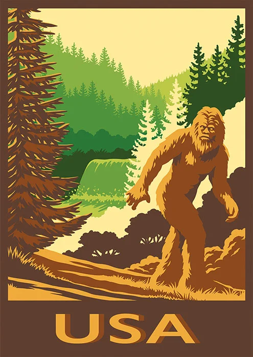 vintage travel poster image depicting American Bigfoot
