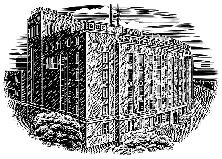 scraperboard illustration of a large building