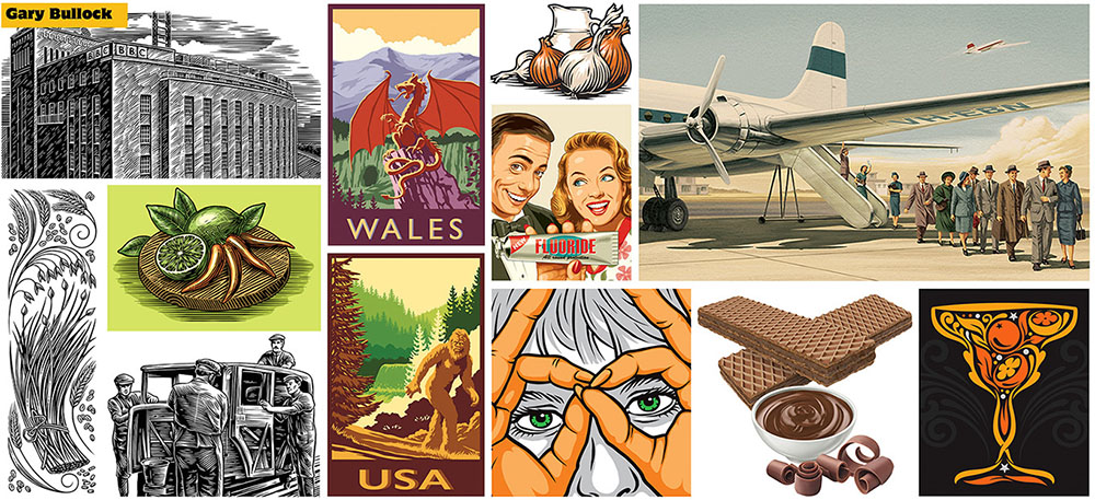montage of scraper-board, realistic and vector illustrations