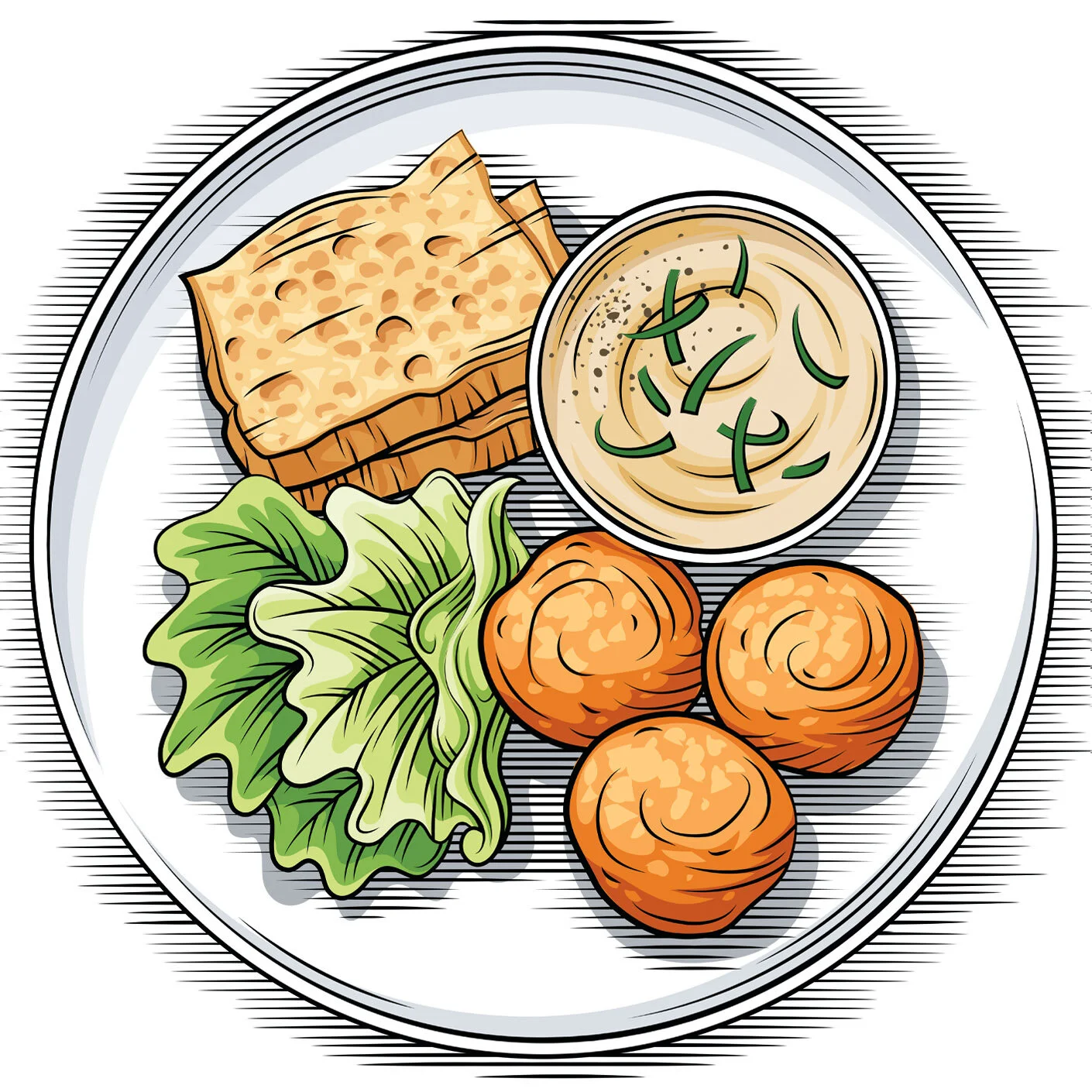 overhead-view graphic of croquettes and dip