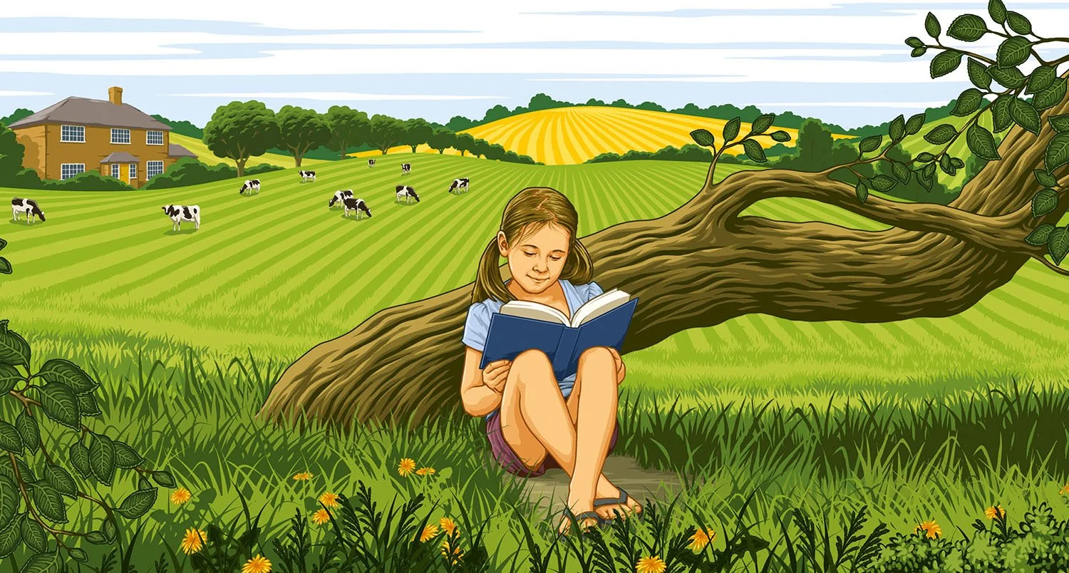 illustration of a girl reading in a countryside scene