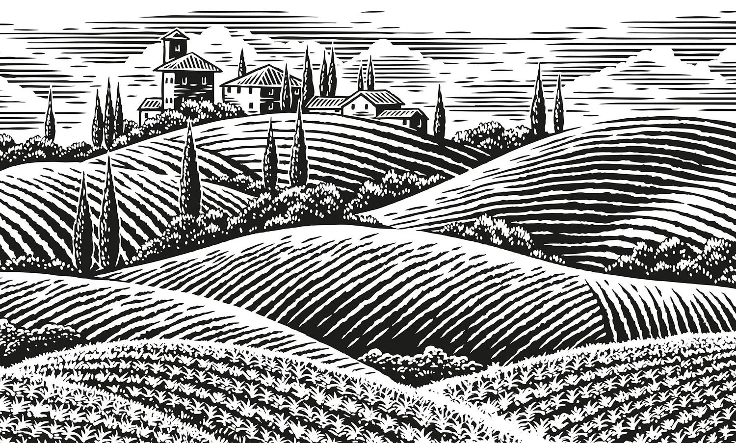 scratchboard italian landscape scene illustration
