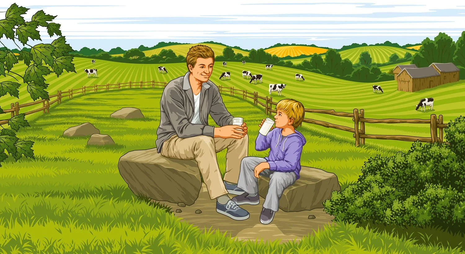illustration of a boy and dad sat in the countryside