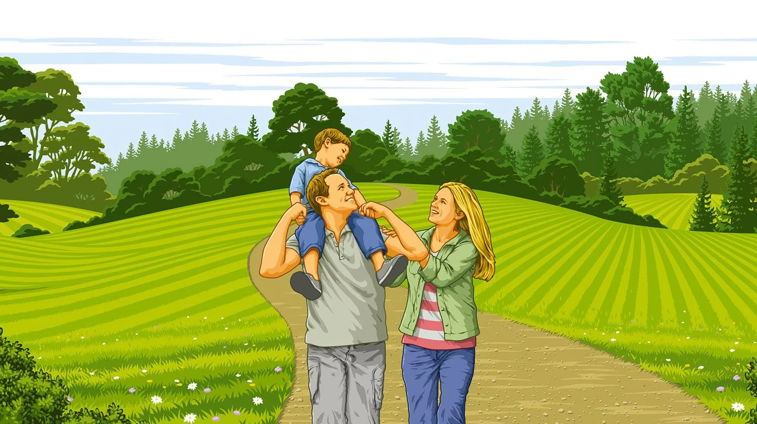 graphic illustration of a family walking in the park