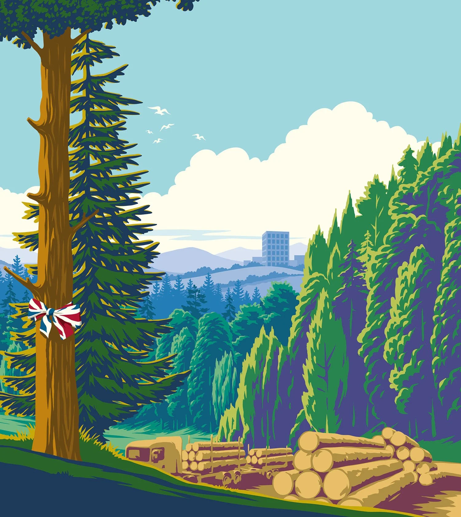 flat-colour forestry scene illustration