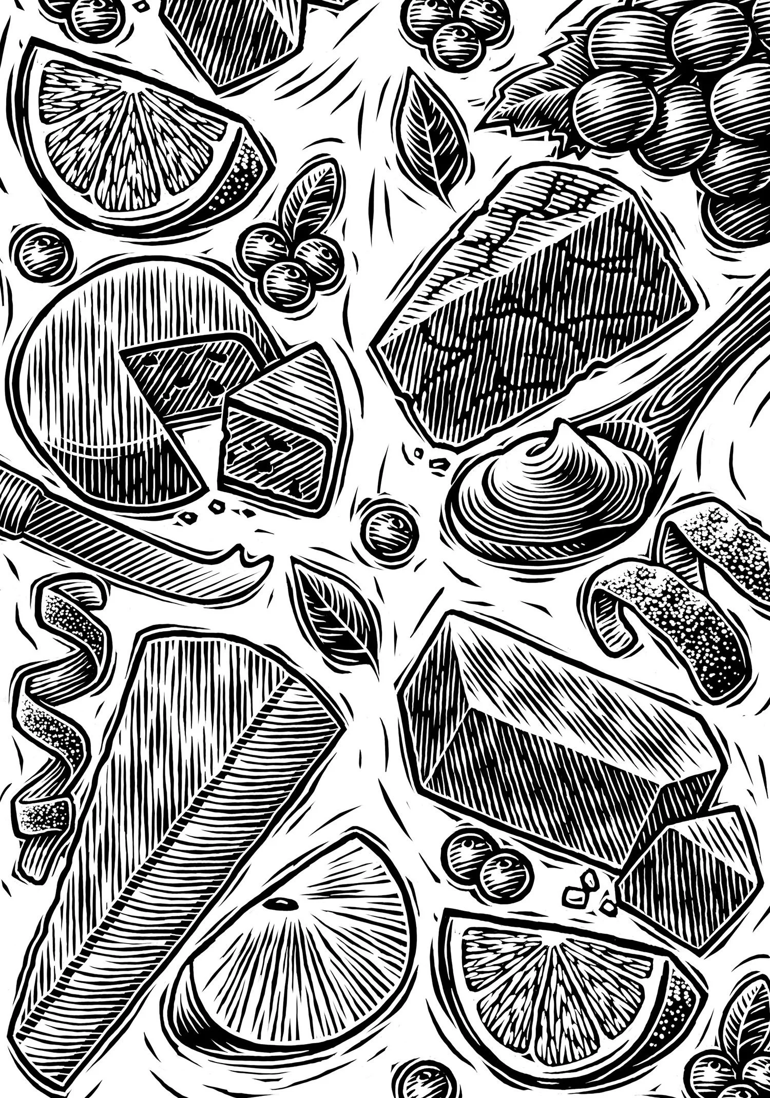 scratchboard illustration of a variety of cheeses