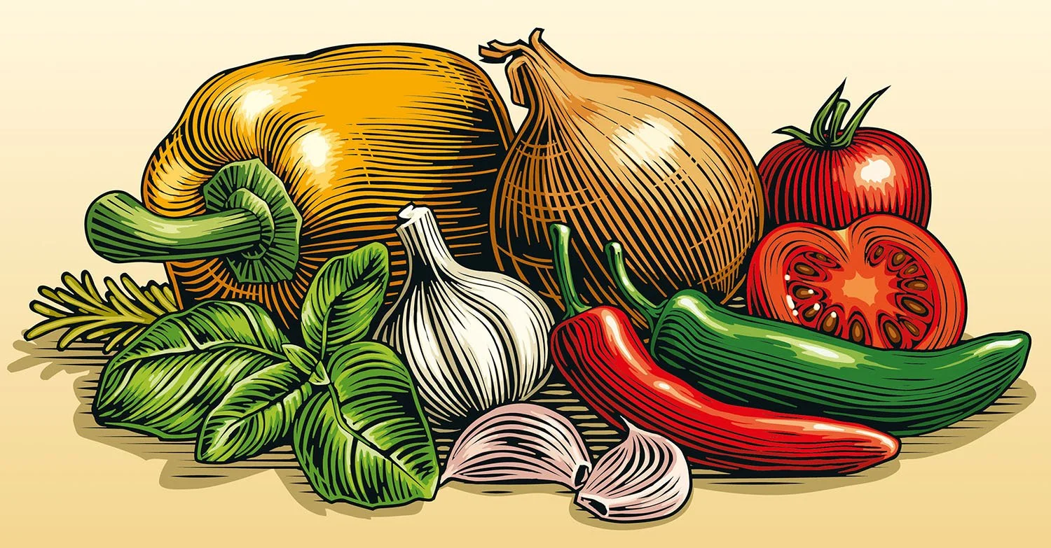 scratchboard vegetables illustration