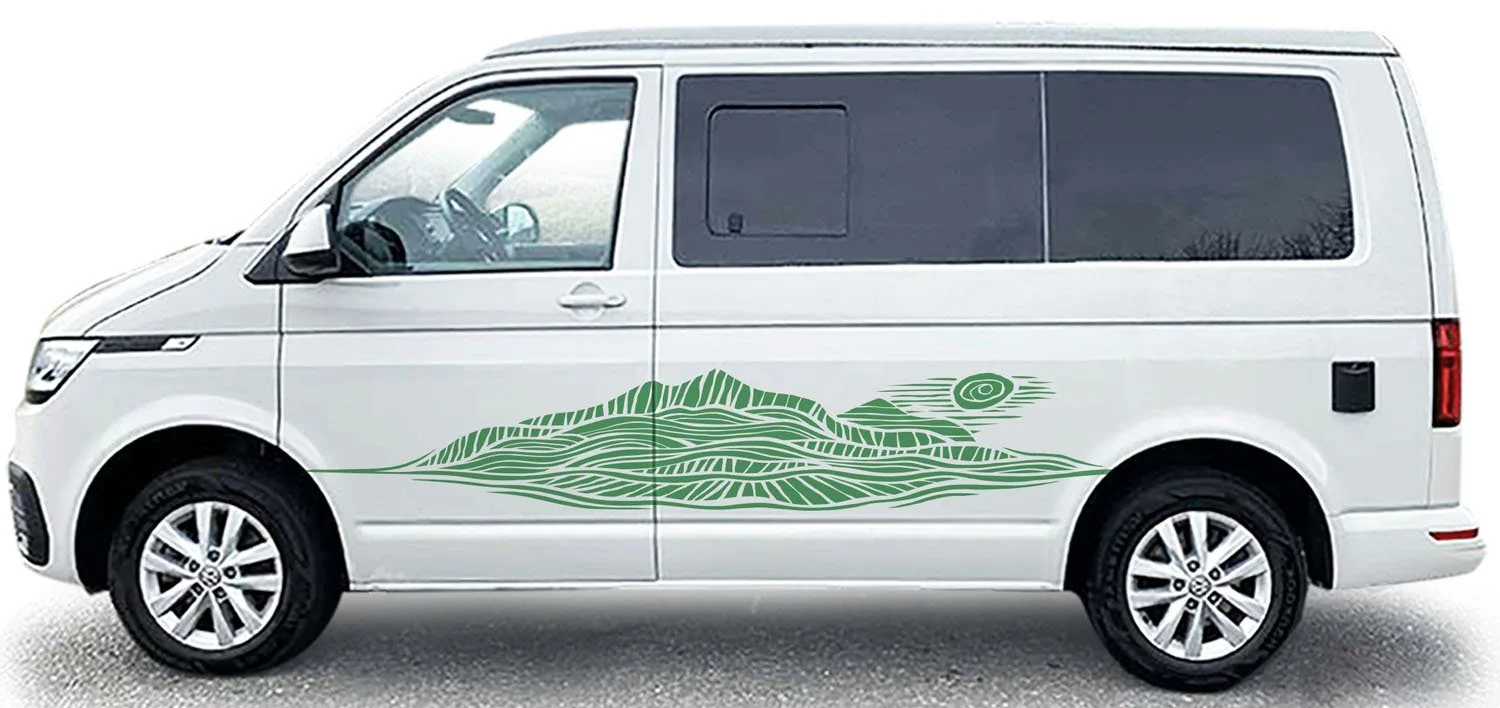 linocut green mountains van decal design