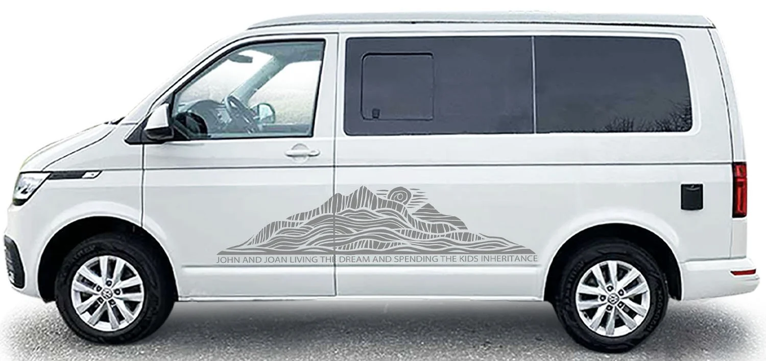 linocut mountain scene van decal