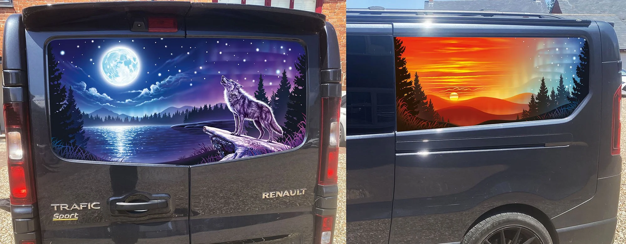 realistic landscape scenes on the side of a camper van