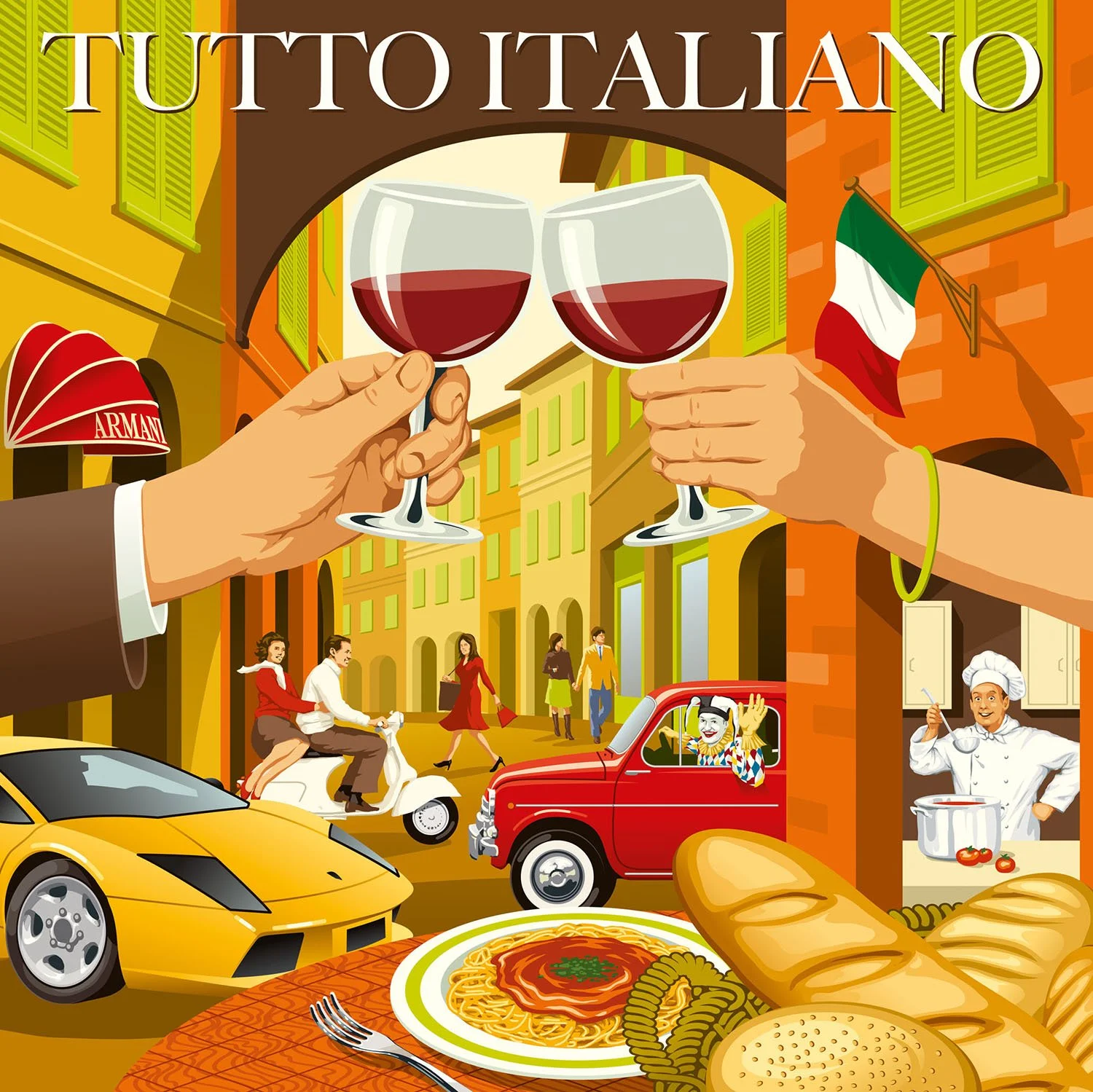illustration of an Italian street scene travel poster