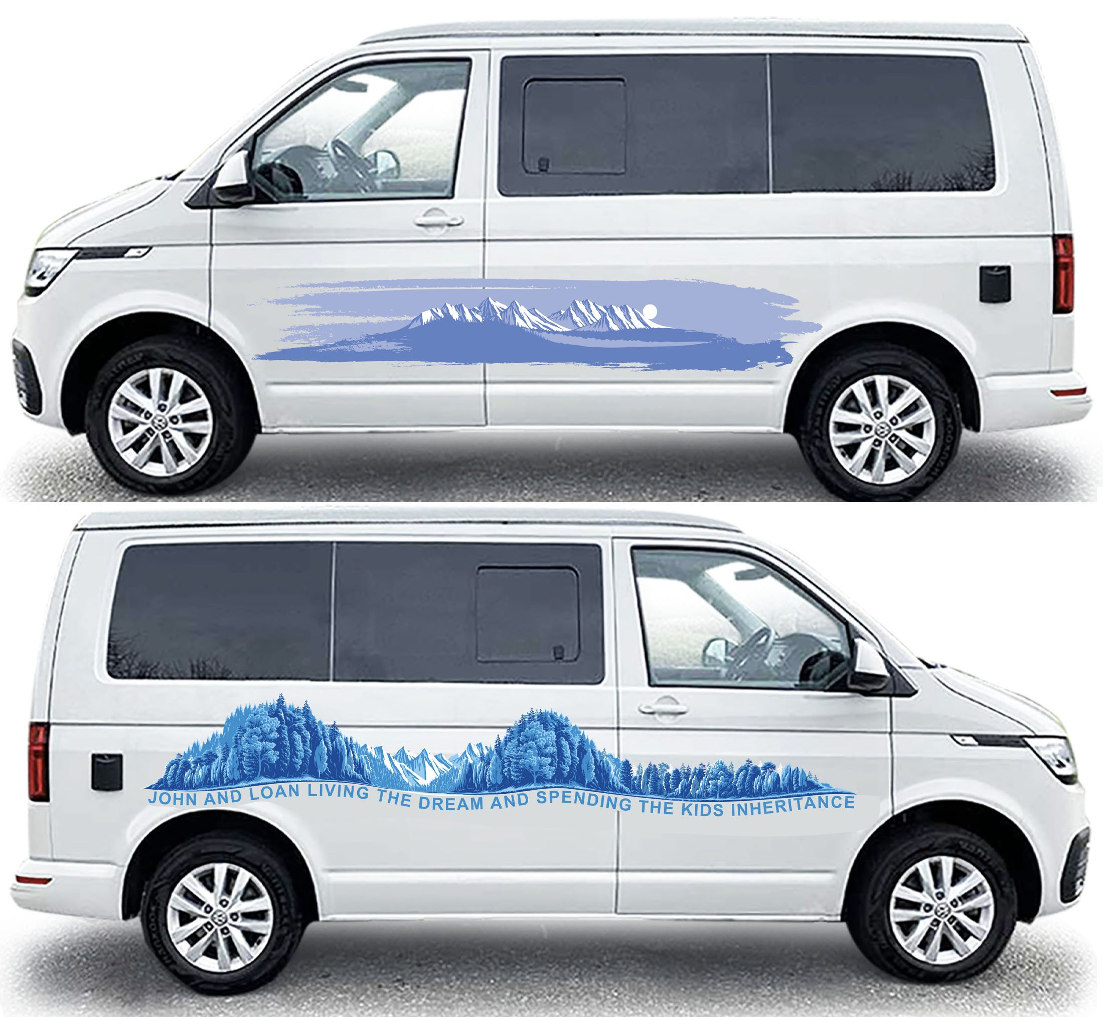 graphic mountain scenes on the side of vans