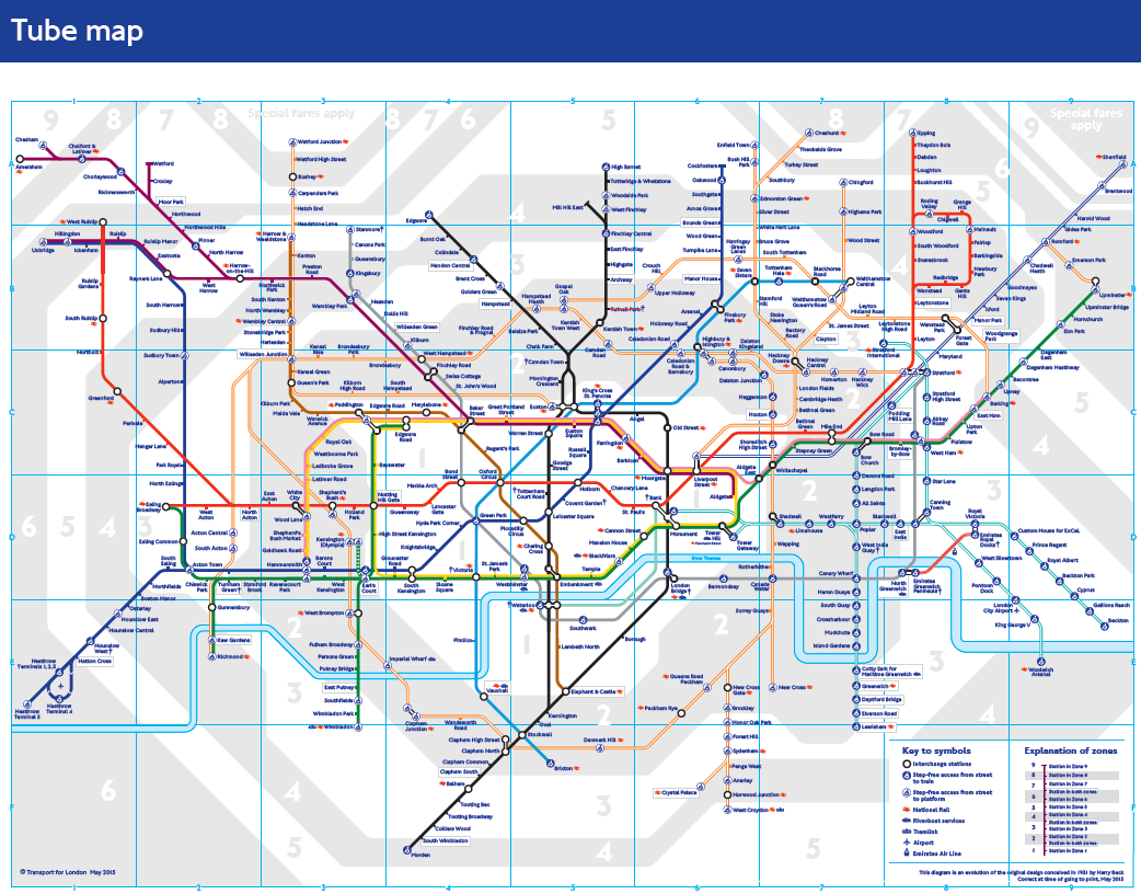 Mapa londýnského metra. Bakerloo line je značena hnědou barvou. (zdroj: TfL)
