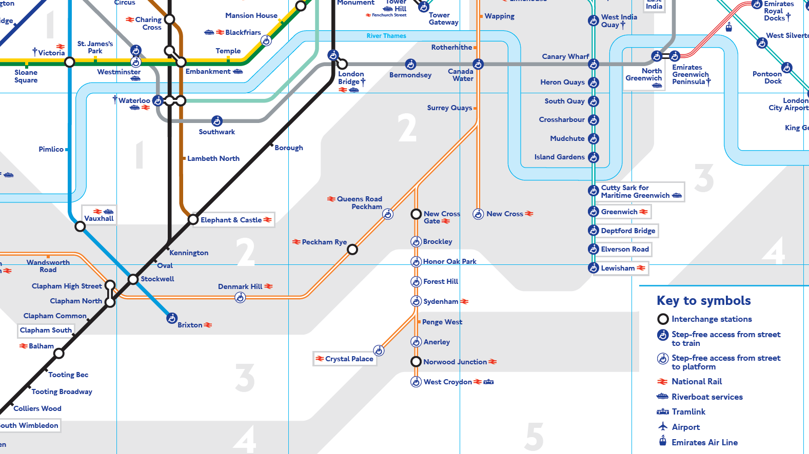 Výřez z mapy londýnského metra. Na levé straně můžete vidět současnou konečnou stanici hnědé trasy Bakerloo Line (Elephant & Castle), na pravé straně pak konečnou Lewisham systému DLR. Právě do Lewishamu by mělo prodloužení Bakerloo Line zamířit. (zdroj: TfL)