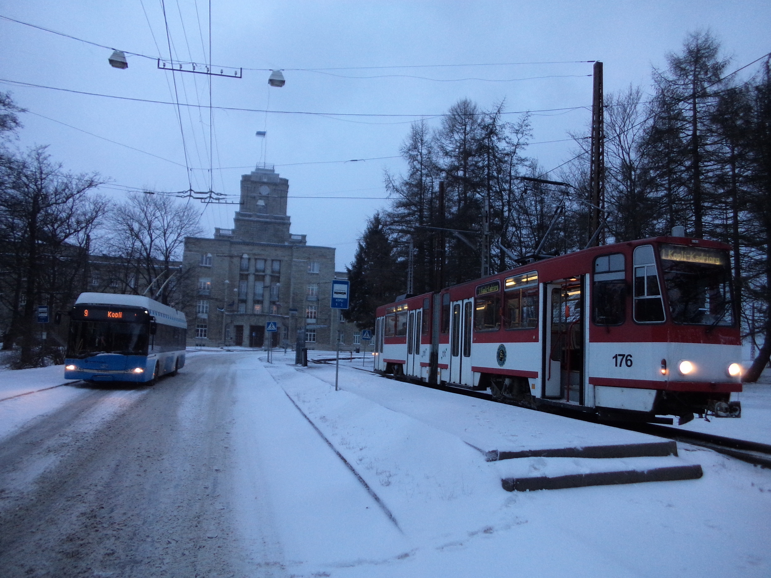V minulosti pořídil místní dopravce celkem 51 trolejbusů Solaris Trollino 12 a 18, velkou část z nich i s českou elektrickou výzbrojí Cegelec. Na snímku z 3. 1. 2016 je jeden z 12m vozů zachycen ve společnosti tramvaje KT4 na konečné Kopli. (foto: Ing. Vít Hinčica, Ph.D.)