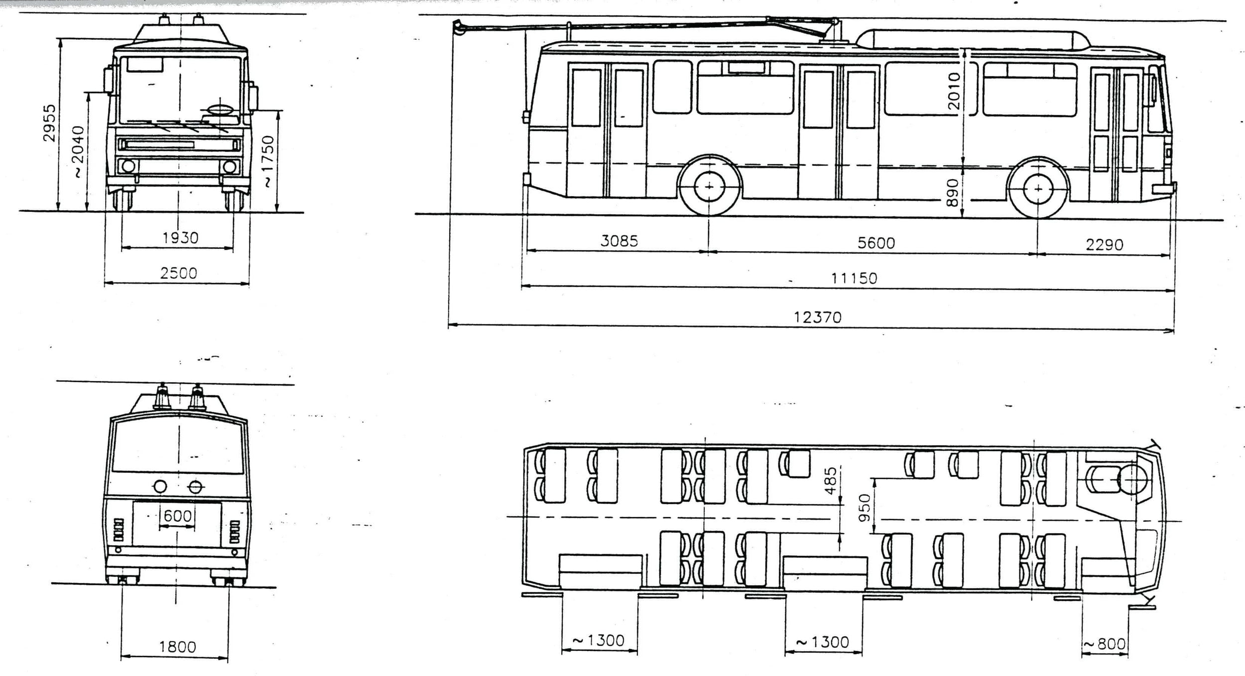 Původní nákres řešení trolejbusu Tatra T 404 z roku 1991 postaveného na platformě vozů Karosa řady B 730. (zdroj: archiv DP Praha)