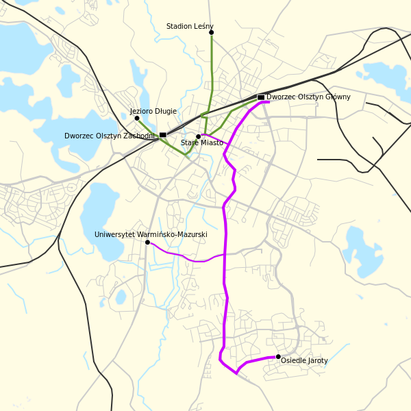 Plán tramvajových tratí v Olsztyně. (zdroj: Wikipedia.pl)