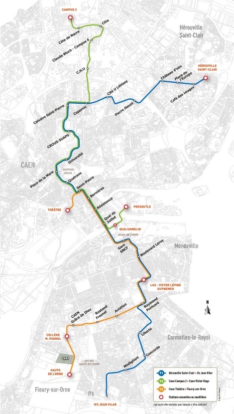 Aktuální představa města o vedení nových tramvajových tratí ve městě. Tři linky by měly být postupně zprovozněny od roku 2019. Vizualizace provozu klasických tramvají v Caen. (zdroj: http://www.tramway2019.com/)