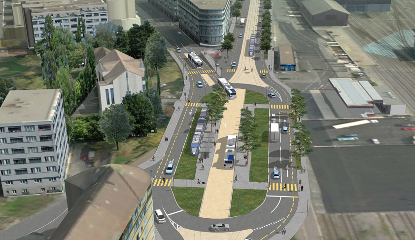 Návrh jednoho z přestupních terminálů s průjezdem pro autobusy. (zdroj: www.lausanne.ch)