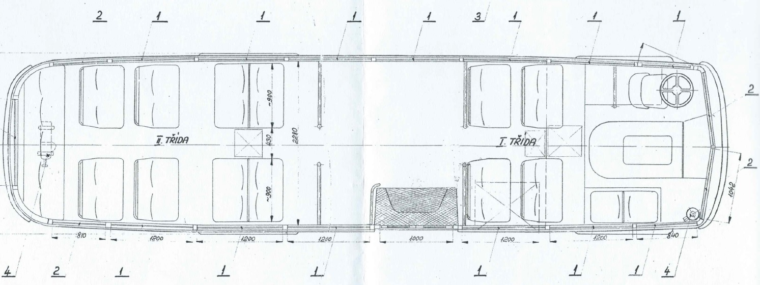 Řešení interiéru autobusu Škoda 706 RO pro Egypt s dobře patrným rozdělením na první a druhou třídu. (sbírka: archiv Iveco Czech Republic)