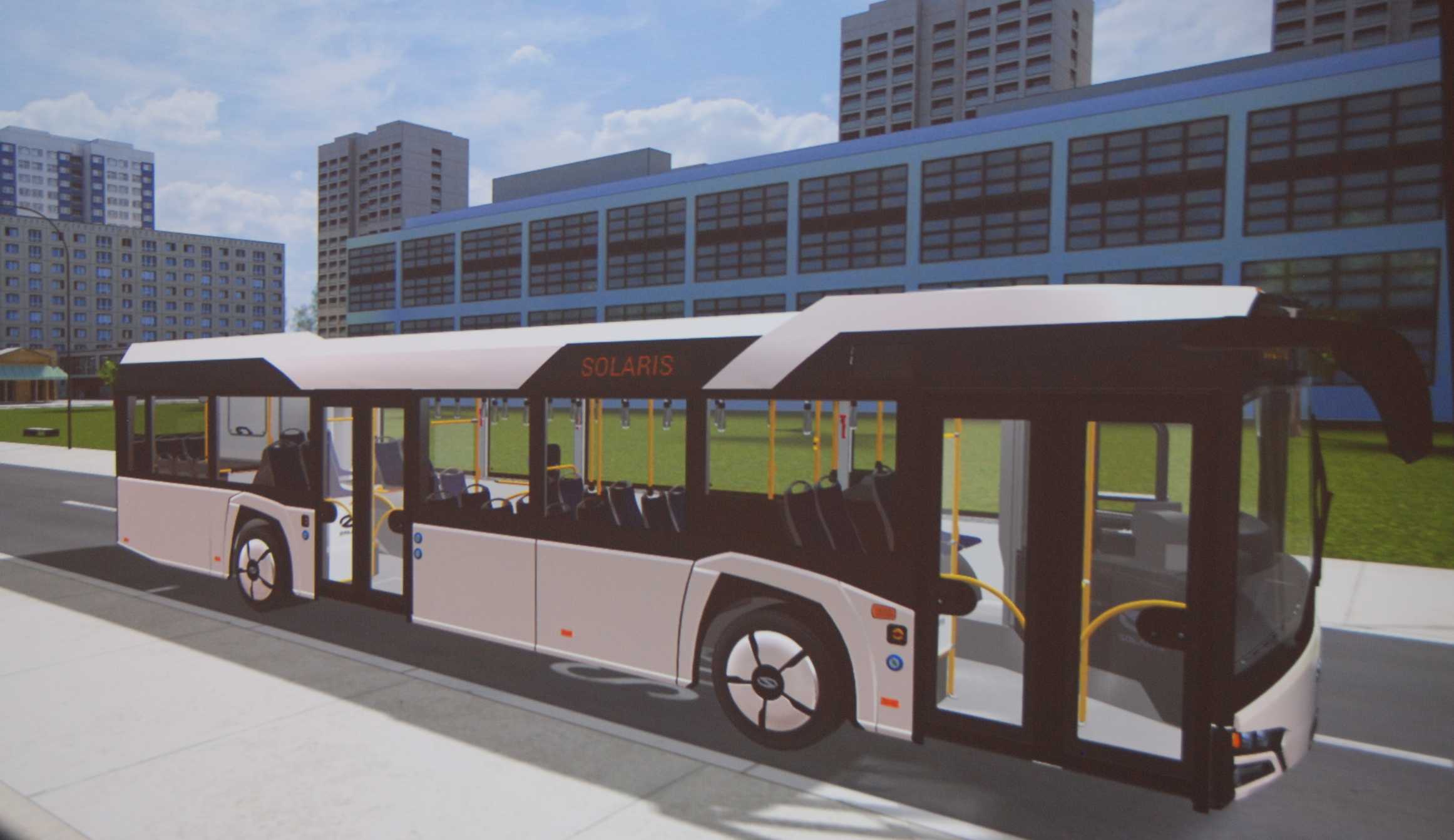 Na první pohled by se mohlo zdát, že se pohybujeme v prostředí nějaké počítačové hry. Autobus však slouží jako model pro volbu nejvhodnějšího barevného řešení. (foto: Libor Hinčica)