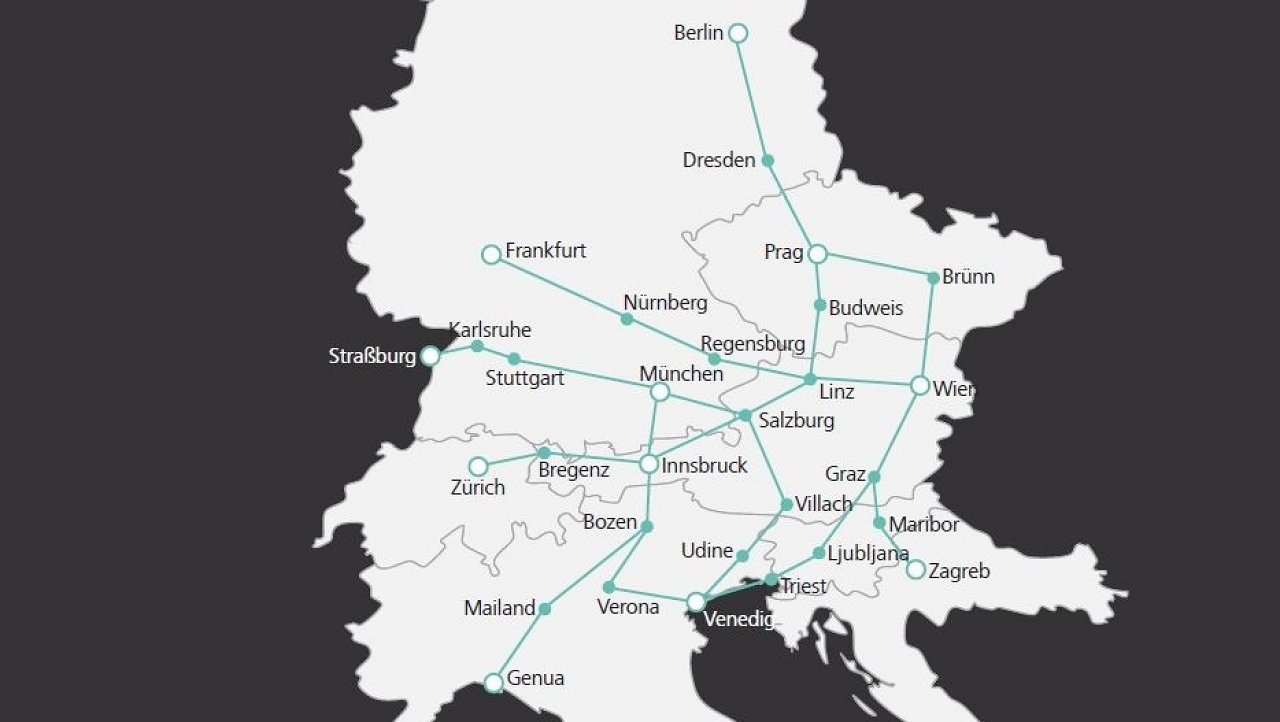 Spoje lze využít jen pro mezinárodní přepravu. Pozice Brna je na mapě zakreslena poněkud severněji... (zdroj: ÖBB)