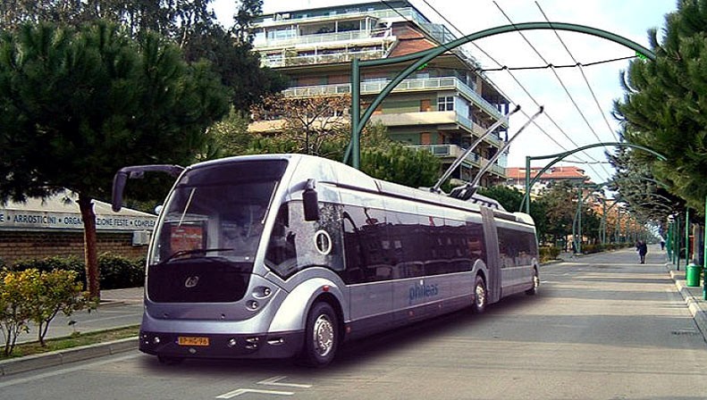 Vizualizace trolejbusu Phileas na trati v Pescaře. Holandský producent ovšem vozidla nakonec nedodal. (zdroj: Wikipedia.org)